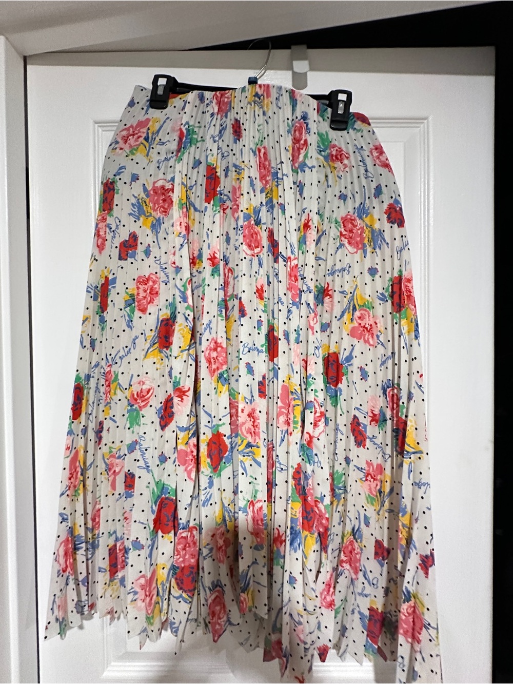 Balenciaga White Pleated Midi Skirt with Multicolor Floral Print